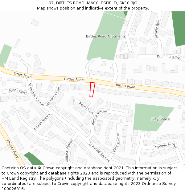 97, BIRTLES ROAD, MACCLESFIELD, SK10 3JG: Location map and indicative extent of plot