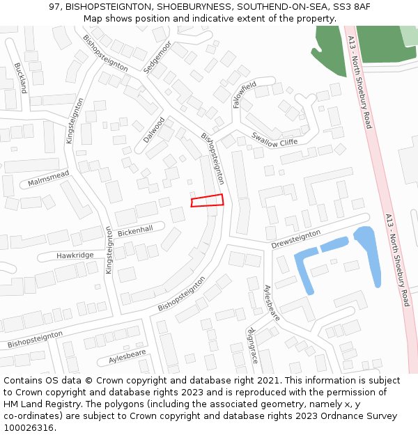 97, BISHOPSTEIGNTON, SHOEBURYNESS, SOUTHEND-ON-SEA, SS3 8AF: Location map and indicative extent of plot