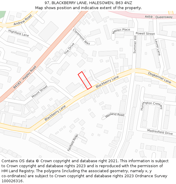 97, BLACKBERRY LANE, HALESOWEN, B63 4NZ: Location map and indicative extent of plot