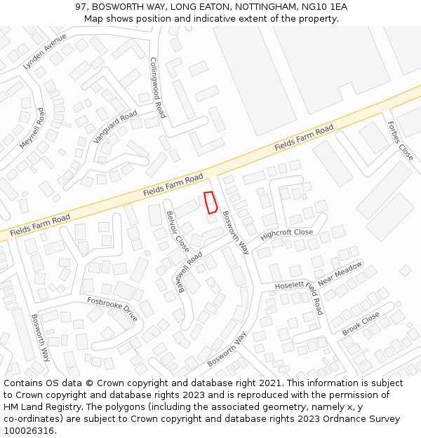 97, BOSWORTH WAY, LONG EATON, NOTTINGHAM, NG10 1EA: Location map and indicative extent of plot