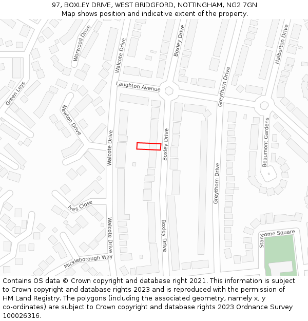 97, BOXLEY DRIVE, WEST BRIDGFORD, NOTTINGHAM, NG2 7GN: Location map and indicative extent of plot