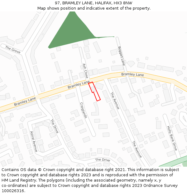 97, BRAMLEY LANE, HALIFAX, HX3 8NW: Location map and indicative extent of plot