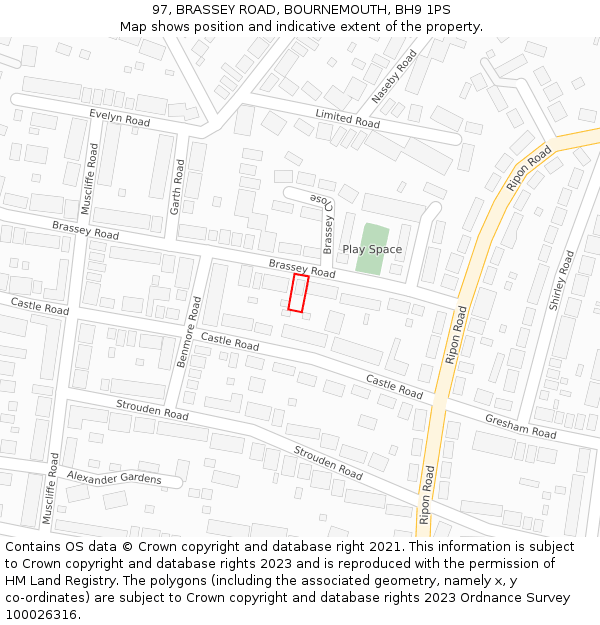 97, BRASSEY ROAD, BOURNEMOUTH, BH9 1PS: Location map and indicative extent of plot