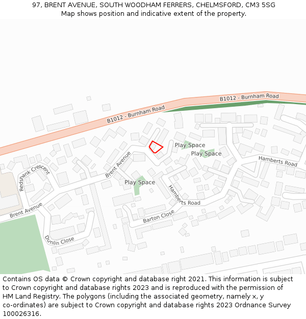 97, BRENT AVENUE, SOUTH WOODHAM FERRERS, CHELMSFORD, CM3 5SG: Location map and indicative extent of plot