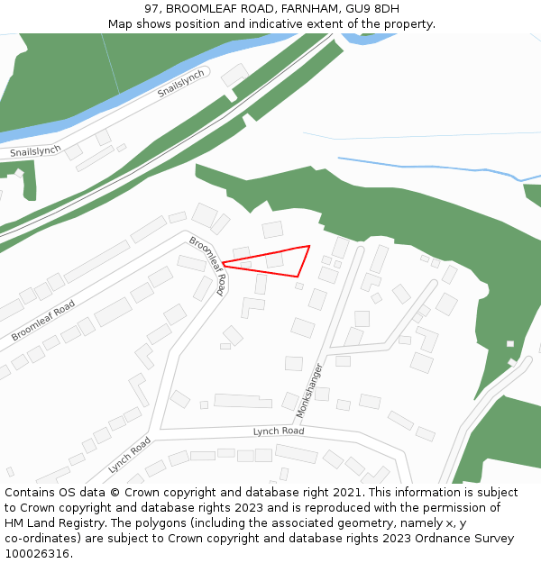 97, BROOMLEAF ROAD, FARNHAM, GU9 8DH: Location map and indicative extent of plot