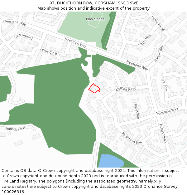 97, BUCKTHORN ROW, CORSHAM, SN13 9WE: Location map and indicative extent of plot
