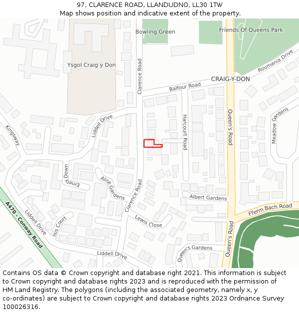 97, CLARENCE ROAD, LLANDUDNO, LL30 1TW: Location map and indicative extent of plot