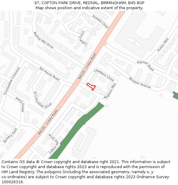 97, COFTON PARK DRIVE, REDNAL, BIRMINGHAM, B45 8GP: Location map and indicative extent of plot