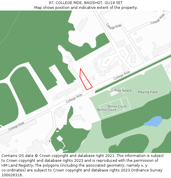 97, COLLEGE RIDE, BAGSHOT, GU19 5ET: Location map and indicative extent of plot