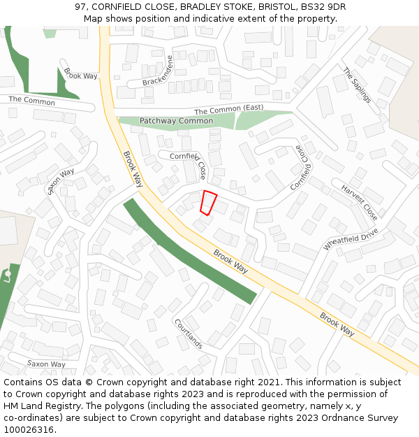 97, CORNFIELD CLOSE, BRADLEY STOKE, BRISTOL, BS32 9DR: Location map and indicative extent of plot