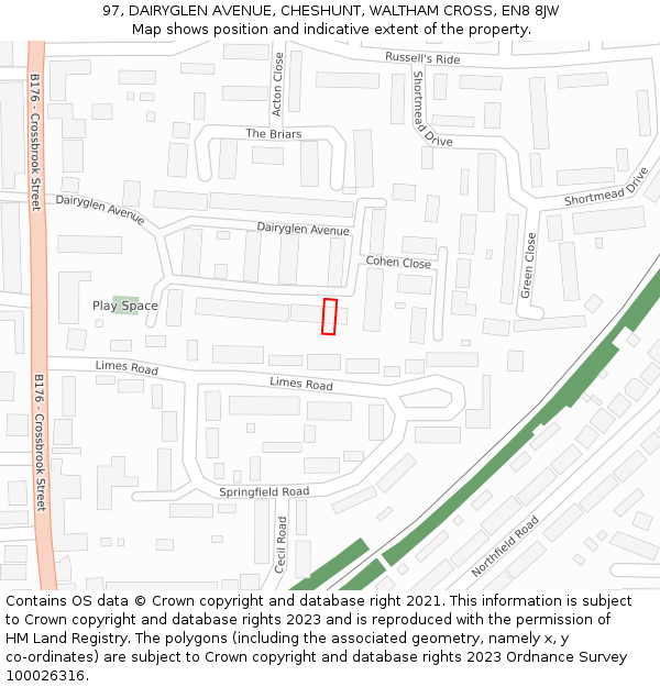 97, DAIRYGLEN AVENUE, CHESHUNT, WALTHAM CROSS, EN8 8JW: Location map and indicative extent of plot