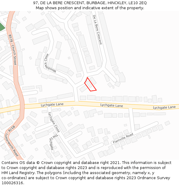 97, DE LA BERE CRESCENT, BURBAGE, HINCKLEY, LE10 2EQ: Location map and indicative extent of plot