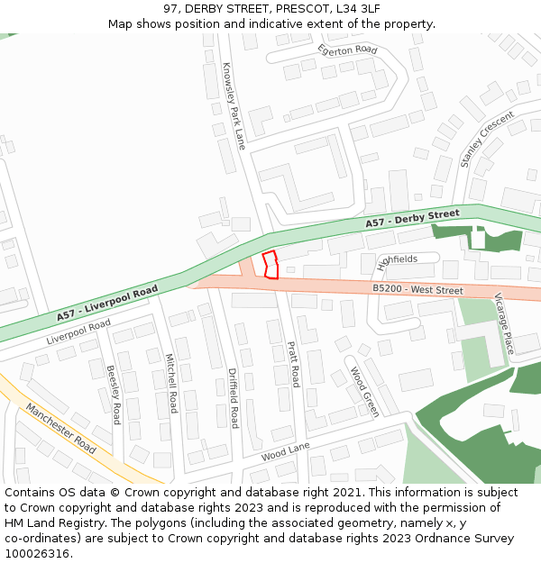 97, DERBY STREET, PRESCOT, L34 3LF: Location map and indicative extent of plot