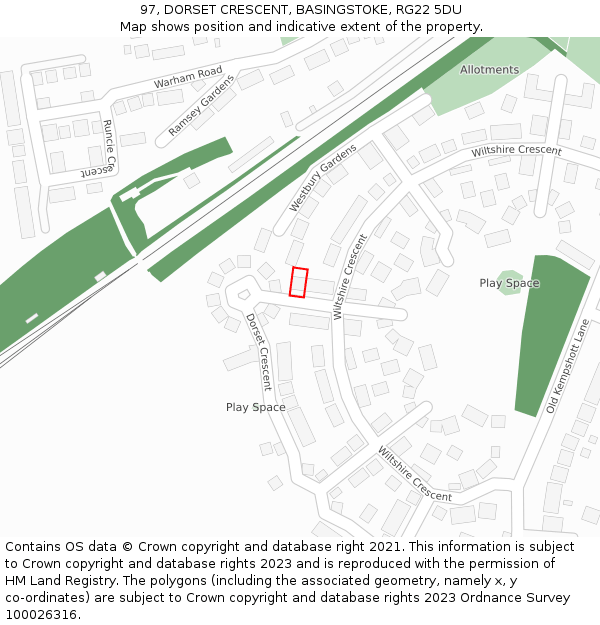 97, DORSET CRESCENT, BASINGSTOKE, RG22 5DU: Location map and indicative extent of plot