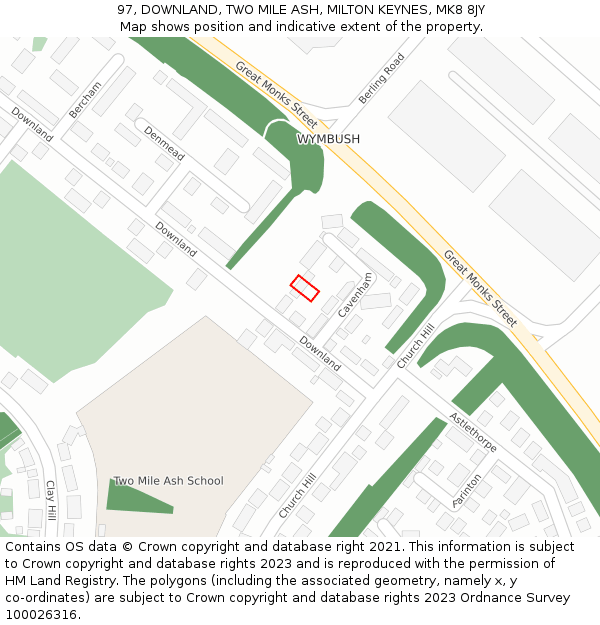 97, DOWNLAND, TWO MILE ASH, MILTON KEYNES, MK8 8JY: Location map and indicative extent of plot