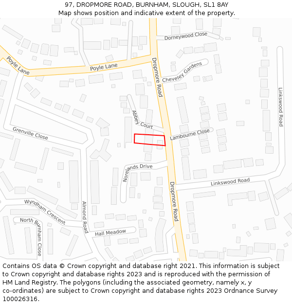 97, DROPMORE ROAD, BURNHAM, SLOUGH, SL1 8AY: Location map and indicative extent of plot