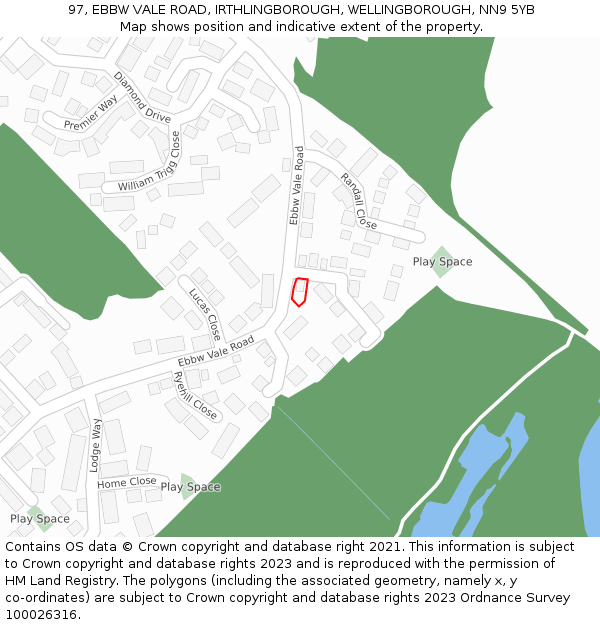 97, EBBW VALE ROAD, IRTHLINGBOROUGH, WELLINGBOROUGH, NN9 5YB: Location map and indicative extent of plot