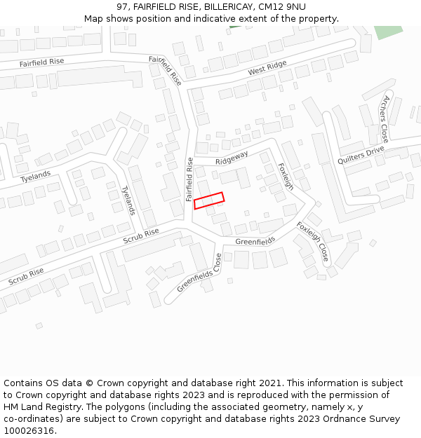 97, FAIRFIELD RISE, BILLERICAY, CM12 9NU: Location map and indicative extent of plot