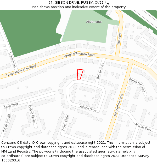 97, GIBSON DRIVE, RUGBY, CV21 4LJ: Location map and indicative extent of plot