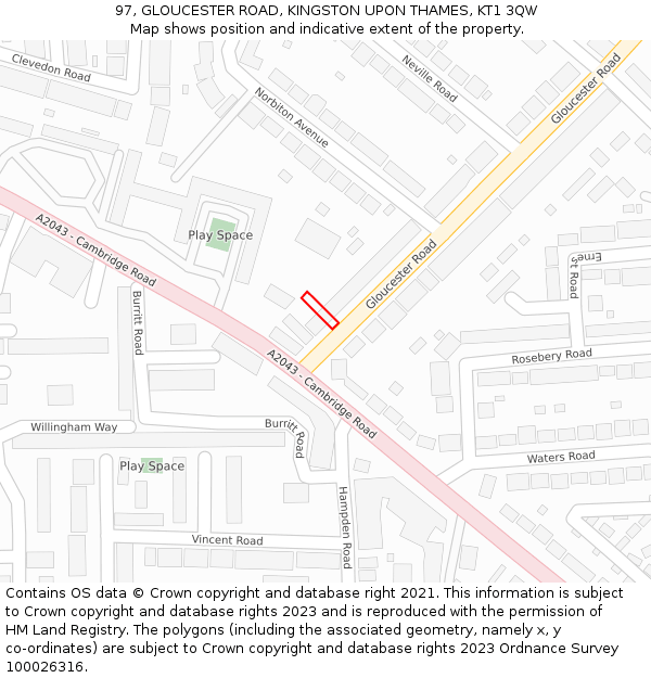 97, GLOUCESTER ROAD, KINGSTON UPON THAMES, KT1 3QW: Location map and indicative extent of plot