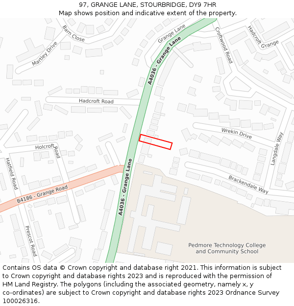 97, GRANGE LANE, STOURBRIDGE, DY9 7HR: Location map and indicative extent of plot