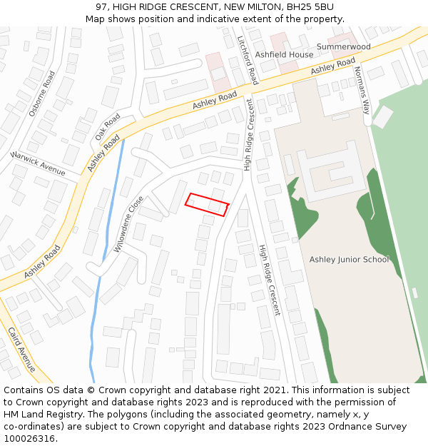 97, HIGH RIDGE CRESCENT, NEW MILTON, BH25 5BU: Location map and indicative extent of plot