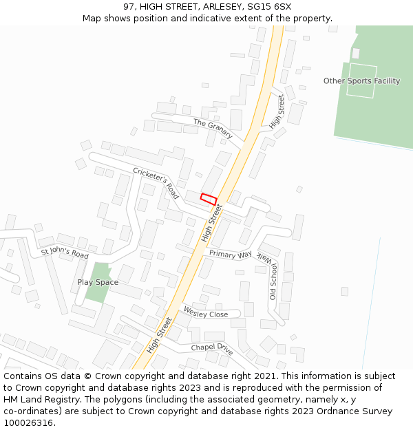 97, HIGH STREET, ARLESEY, SG15 6SX: Location map and indicative extent of plot