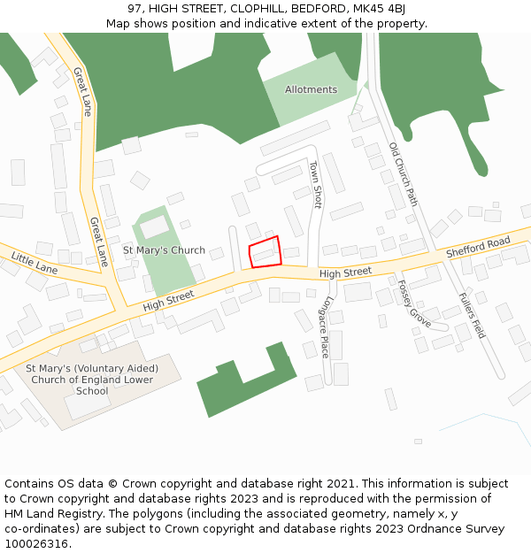 97, HIGH STREET, CLOPHILL, BEDFORD, MK45 4BJ: Location map and indicative extent of plot