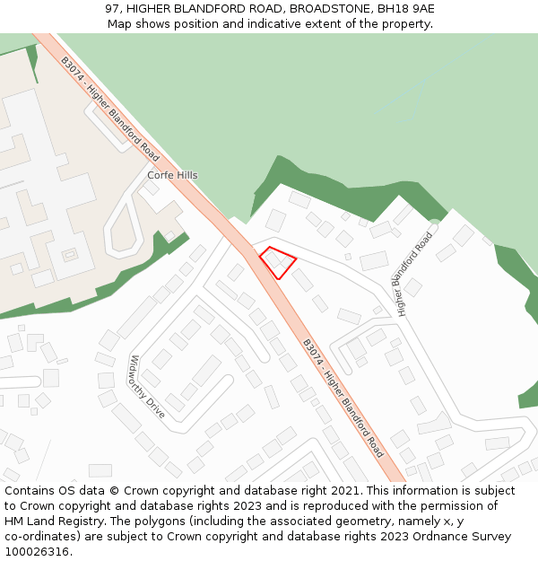 97, HIGHER BLANDFORD ROAD, BROADSTONE, BH18 9AE: Location map and indicative extent of plot