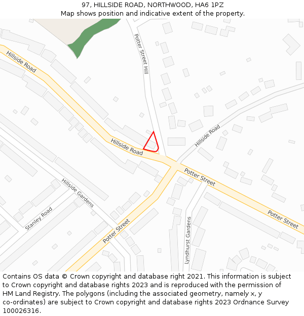 97, HILLSIDE ROAD, NORTHWOOD, HA6 1PZ: Location map and indicative extent of plot