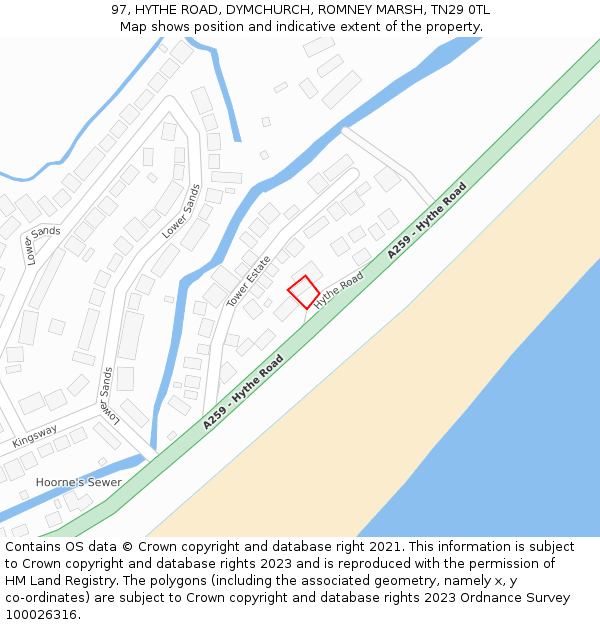 97, HYTHE ROAD, DYMCHURCH, ROMNEY MARSH, TN29 0TL: Location map and indicative extent of plot