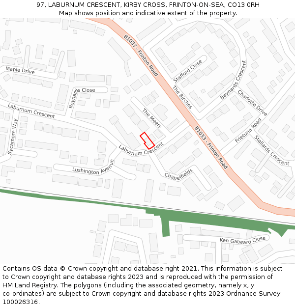 97, LABURNUM CRESCENT, KIRBY CROSS, FRINTON-ON-SEA, CO13 0RH: Location map and indicative extent of plot