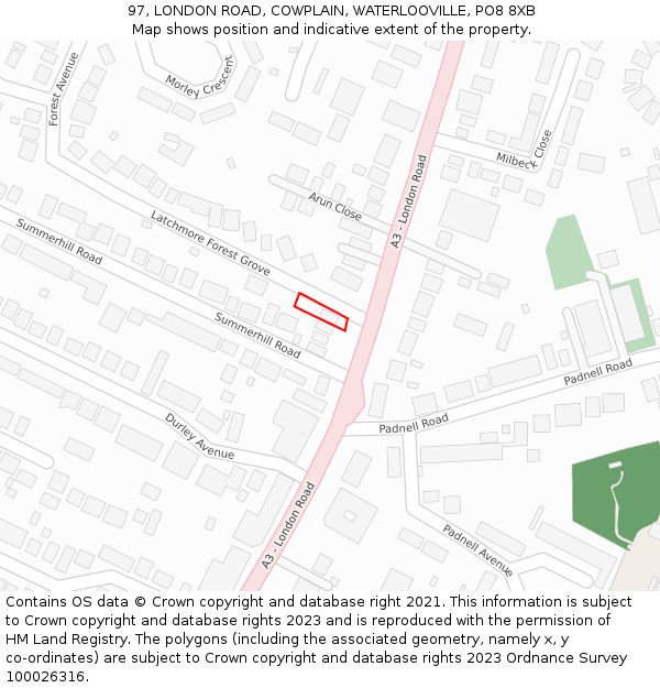 97, LONDON ROAD, COWPLAIN, WATERLOOVILLE, PO8 8XB: Location map and indicative extent of plot