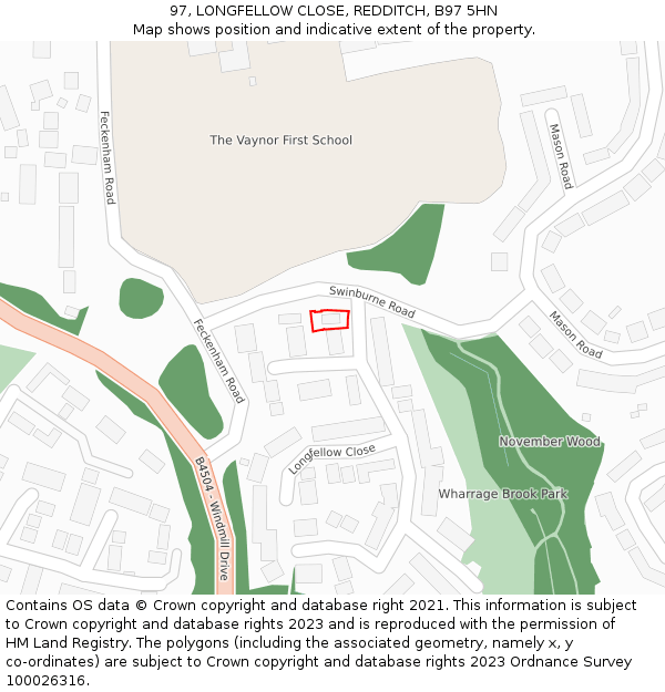 97, LONGFELLOW CLOSE, REDDITCH, B97 5HN: Location map and indicative extent of plot