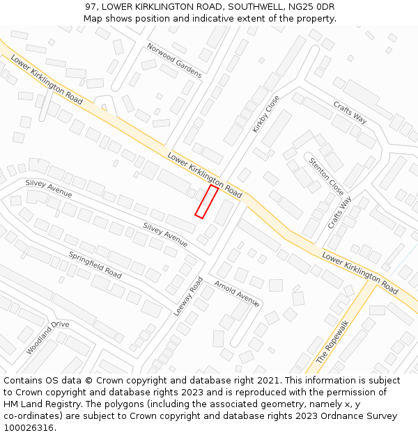 97, LOWER KIRKLINGTON ROAD, SOUTHWELL, NG25 0DR: Location map and indicative extent of plot
