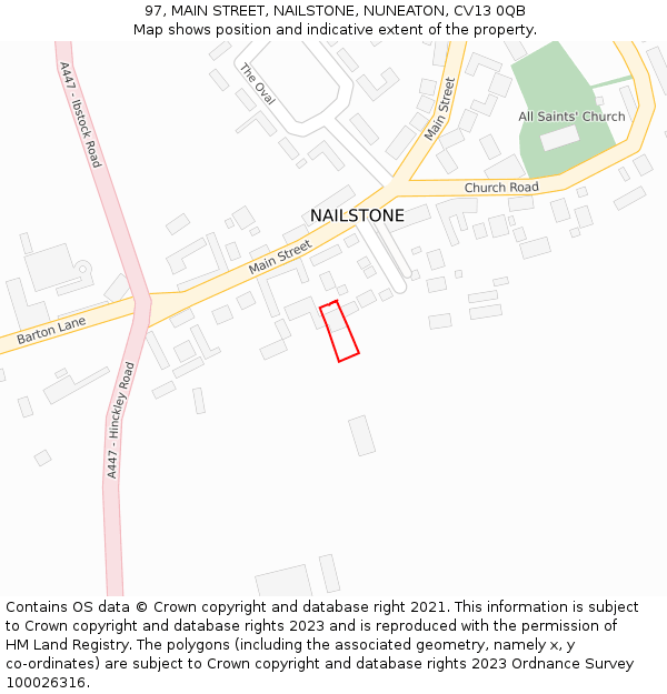 97, MAIN STREET, NAILSTONE, NUNEATON, CV13 0QB: Location map and indicative extent of plot