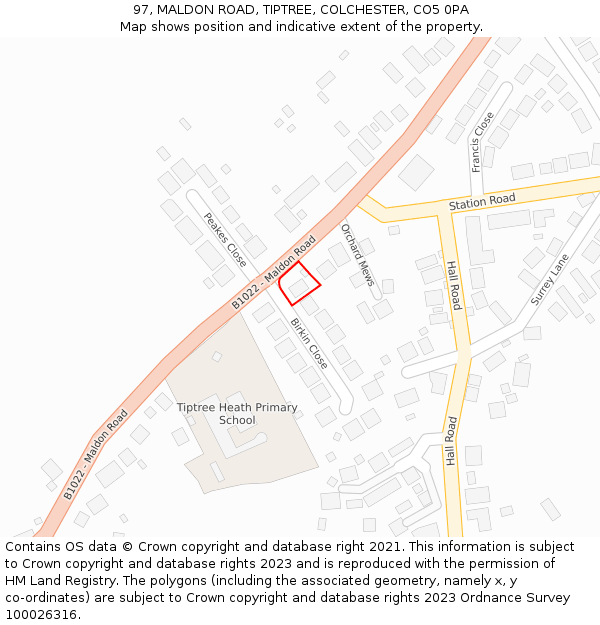 97, MALDON ROAD, TIPTREE, COLCHESTER, CO5 0PA: Location map and indicative extent of plot