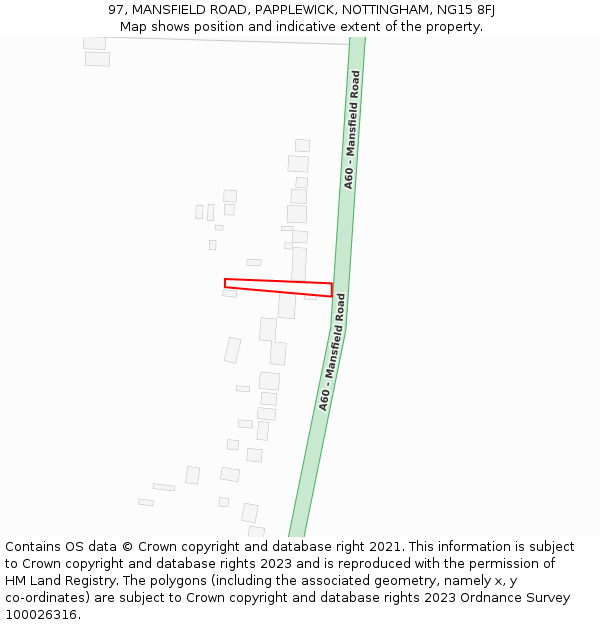 97, MANSFIELD ROAD, PAPPLEWICK, NOTTINGHAM, NG15 8FJ: Location map and indicative extent of plot