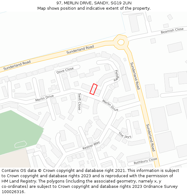 97, MERLIN DRIVE, SANDY, SG19 2UN: Location map and indicative extent of plot