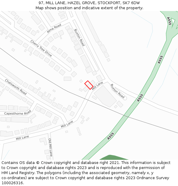 97, MILL LANE, HAZEL GROVE, STOCKPORT, SK7 6DW: Location map and indicative extent of plot