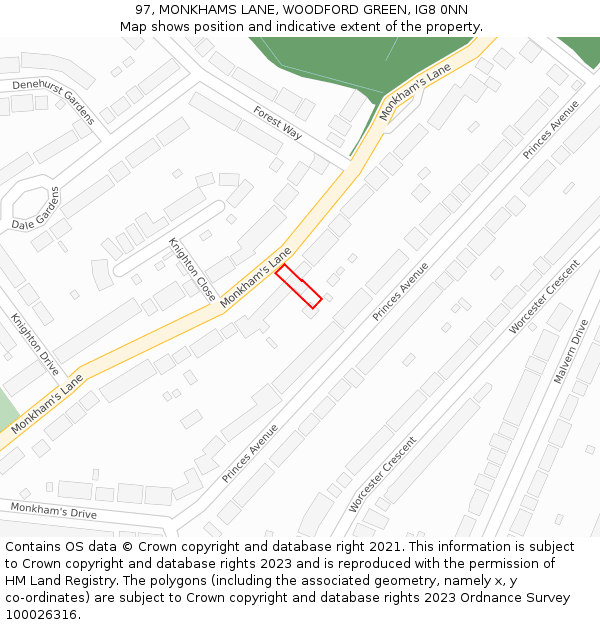 97, MONKHAMS LANE, WOODFORD GREEN, IG8 0NN: Location map and indicative extent of plot