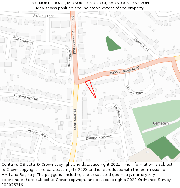 97, NORTH ROAD, MIDSOMER NORTON, RADSTOCK, BA3 2QN: Location map and indicative extent of plot