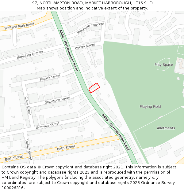 97, NORTHAMPTON ROAD, MARKET HARBOROUGH, LE16 9HD: Location map and indicative extent of plot