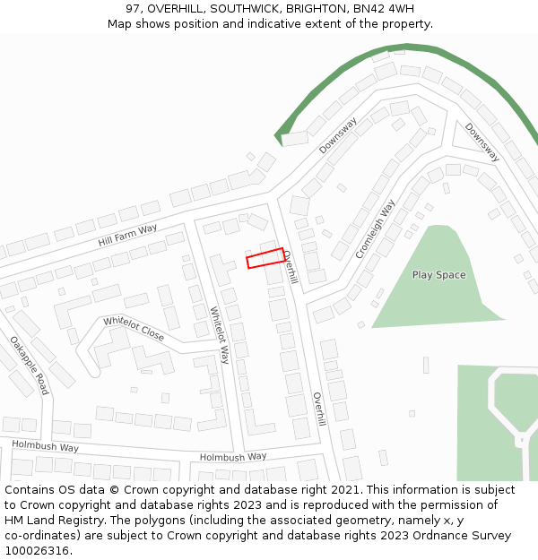 97, OVERHILL, SOUTHWICK, BRIGHTON, BN42 4WH: Location map and indicative extent of plot