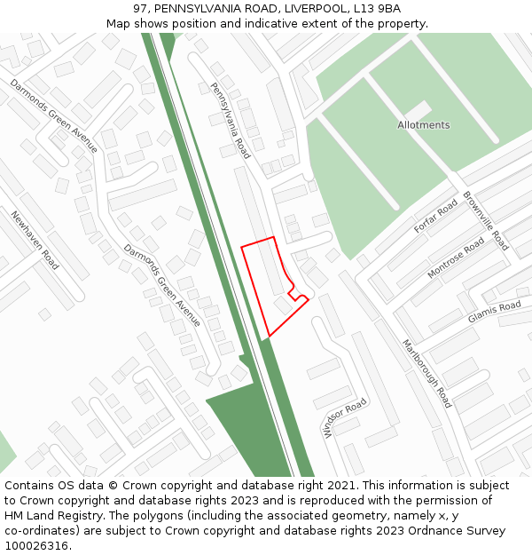 97, PENNSYLVANIA ROAD, LIVERPOOL, L13 9BA: Location map and indicative extent of plot