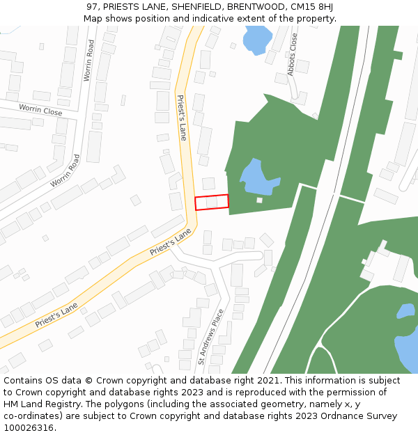 97, PRIESTS LANE, SHENFIELD, BRENTWOOD, CM15 8HJ: Location map and indicative extent of plot