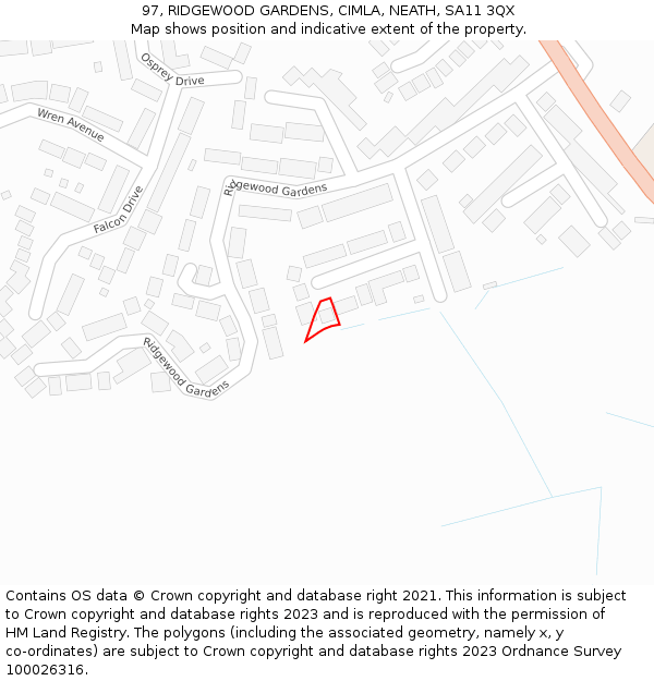 97, RIDGEWOOD GARDENS, CIMLA, NEATH, SA11 3QX: Location map and indicative extent of plot