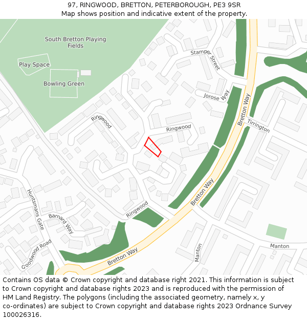 97, RINGWOOD, BRETTON, PETERBOROUGH, PE3 9SR: Location map and indicative extent of plot