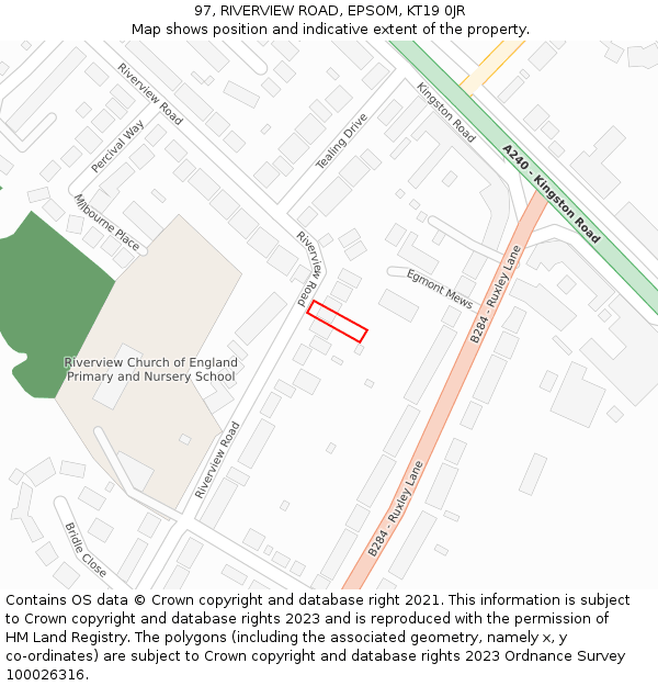 97, RIVERVIEW ROAD, EPSOM, KT19 0JR: Location map and indicative extent of plot