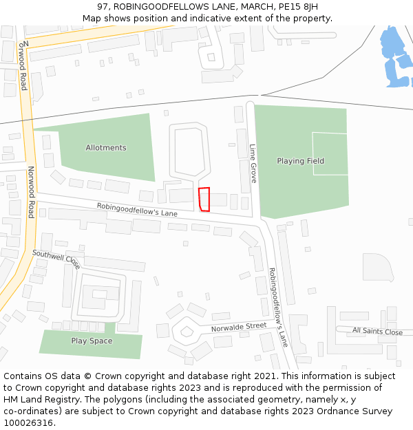 97, ROBINGOODFELLOWS LANE, MARCH, PE15 8JH: Location map and indicative extent of plot